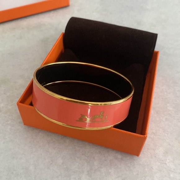 Hermes Caleche Orange Enamel Gold Plated Bangle Bracelet - Picture 5 of 7
